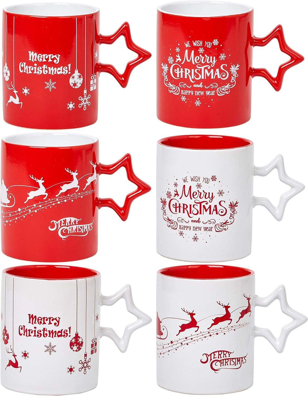 Red & White Christmas Coffee Mugs with Star Handle Set of 6 | Large-Sized Christmas Mugs 14 Ounce New Year Holidays Novelty Christmas Cups - Decorative DIY Christmas Cute Mugs for Hot or Cold