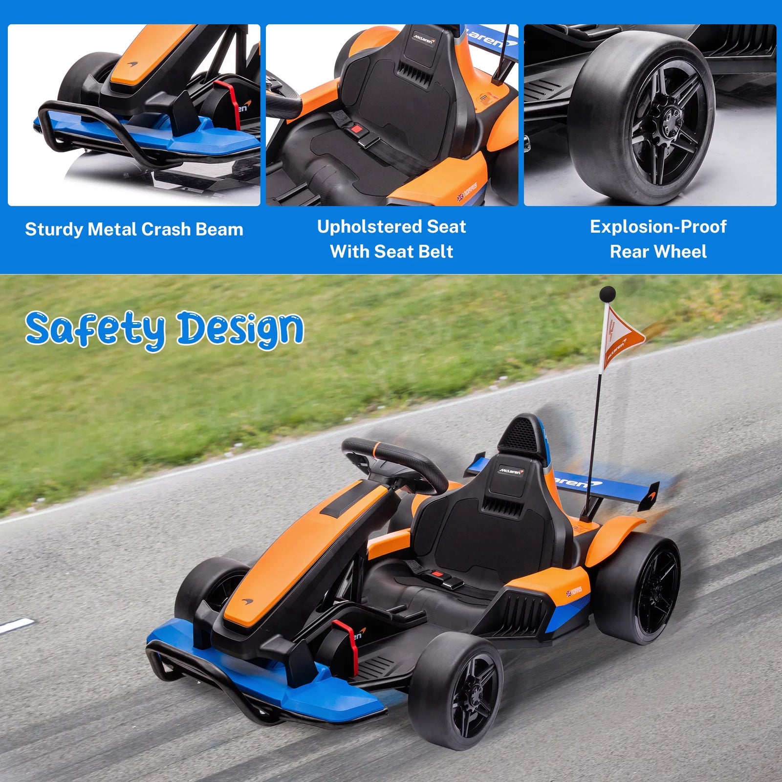 Licensed Mclaren Kids Go Kart, 24V Battery Powered Ride on Car Toy with Bluetooth Function, Safety Belt, LED Lights, Two-Mode Electric Go Cart, Drift Racer Car for Boys Girls